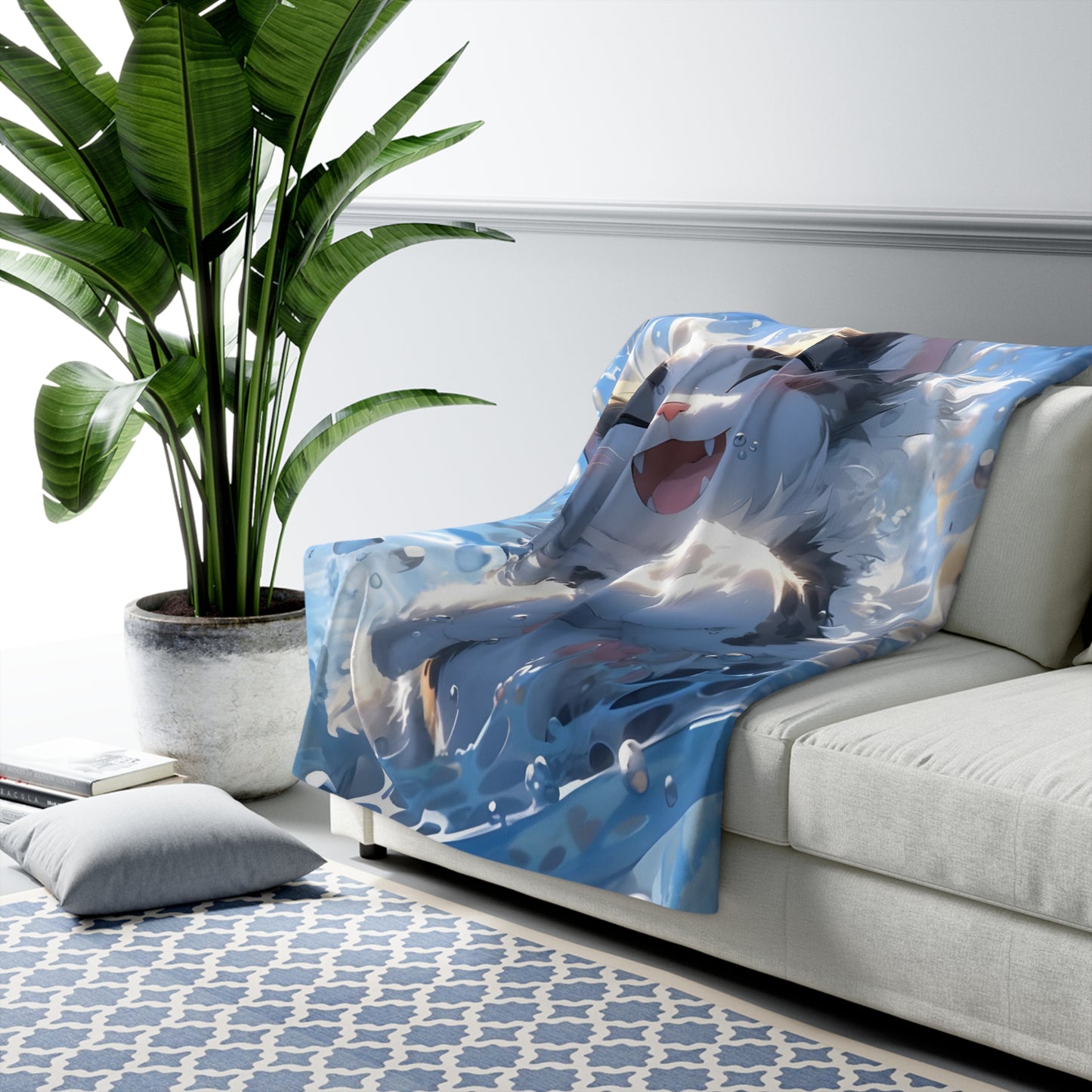 Soothing Splash Serenade: Cat in Water Sherpa Blanket