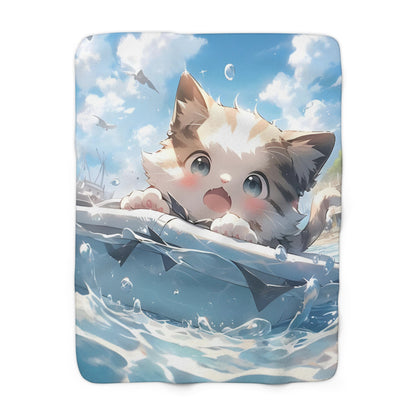 Surfing Whiskers Serenity: Cat on the Waves Sherpa Blanket