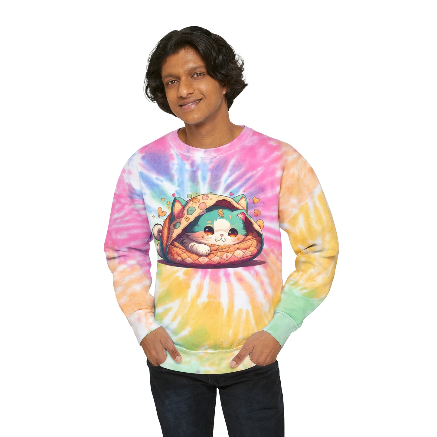 Purr-fectly Cozy: Cat Burrito Bliss Tie-Dye Sweatshirt